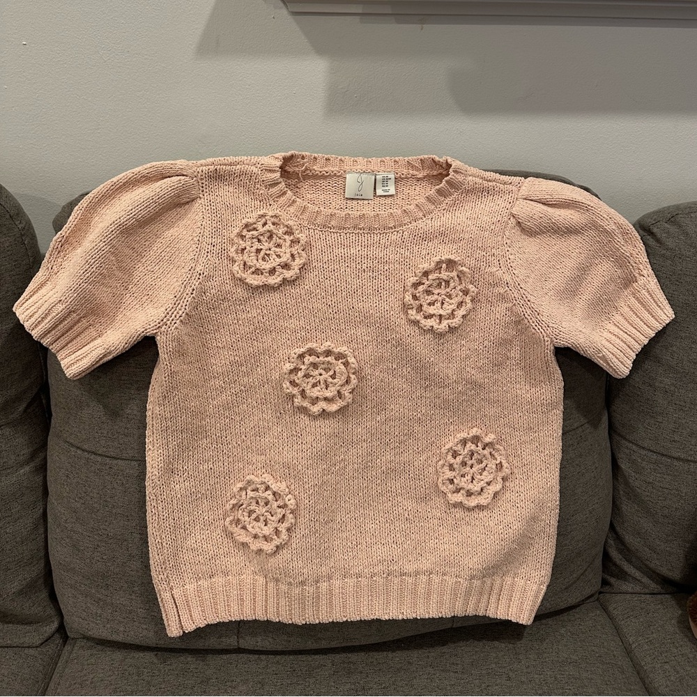 JOIE Blush Pink Knit Sweater with Crocheted Flower Accent
